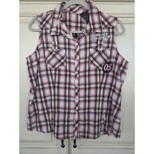 Harley Davidson Plaid Pearl Snap Sleeveless‎ Top Women's Large 1903 Speed Kat